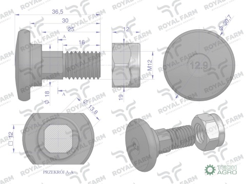 Śruba nożyka kpl. M12x37 zastosowanie Stoll. Vicon ROYAL FARM (sprzedawane po 10)