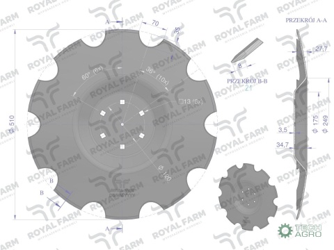 Talerz, uzębiony Z-10 fi 510 mocowanie 6/120 grubość 3.5 mm przetłoczony stal borowa , Royal Farm