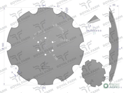 Talerz, uzębiony Z-10 fi 560 mocowanie 6/120 grubość 4 mm stal borowa, Royal Farm