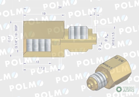 Złączka manometryczna gwint zewnętrzny M12x1.5 x gwint wewnętrzny G1/4" (mosiądz) POLMO