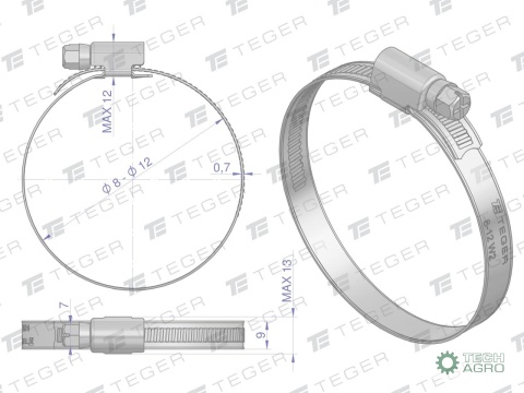 Opaska zaciskowa 8-12 ślimakowa (obejmaW2 - stal nierdzewna) szerkość 9mm TEGER ( sprzedawane po 50 )