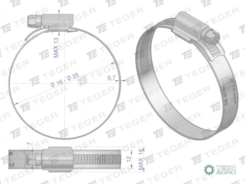 Opaska zaciskowa wzmocniona 16-25 ślimakowa (obejma W2 - stal nierdzewna) szerkość 12mm (blister) TEGER ( sprzedawane po 10 )