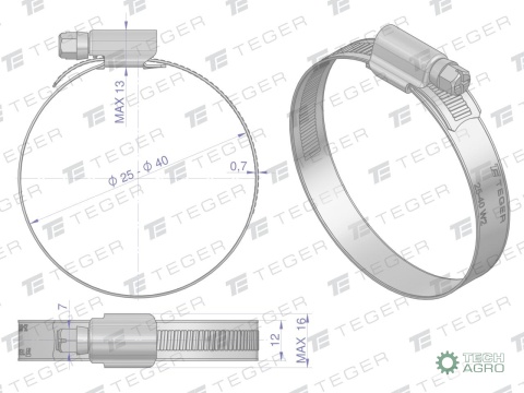 Opaska zaciskowa wzmocniona 25-40 ślimakowa (obejma W2 - stal nierdzewna) szerkość 12mm (blister) TEGER ( sprzedawane po 10 )