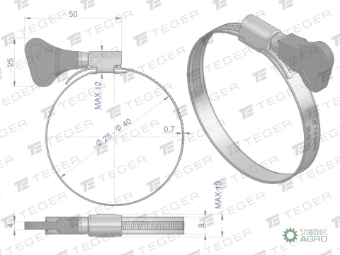 Opaska zaciskowa z pokrętłem 25-40 ślimakowa (obejma W2 - stal nierdzewna) szerkość 9mm (blister) TEGER ( sprzedawane po 10 )