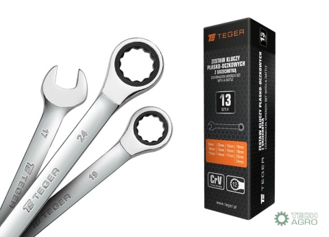 Zestaw kluczy płasko-oczkowych z grzechotką, 8-24 mm, 13 szt, Teger