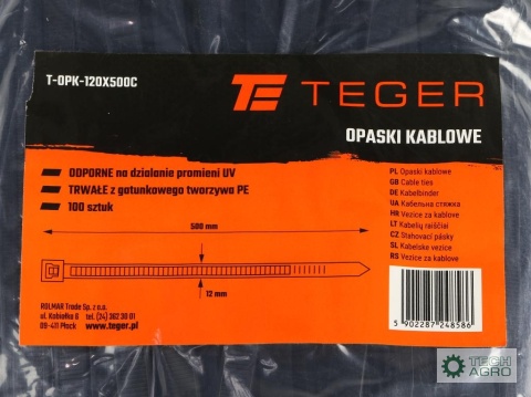 Opaski kablowe, opaska kablowa, opaski zaciskowe, tyrytytki, trytytki, 12.0 x 500mm 100 szt w worku czarne odporne na UV, Teger