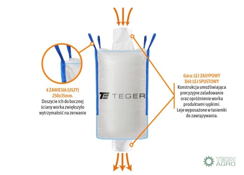 Worek BIG BAG 1000kg. 90 x 90 x 160. 4 uchwyty. Lej zasypowy/Lej spustowy /TEGER