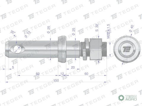 Sworzeń z gwintem T-SG25602550150 fi 25/60 mm M22x1.5/40 mm 150 mm TEGER