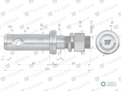 Sworzeń z gwintem T-SG28552245150 fi 28/55 mm M22x1.5/45 mm 150 mm TEGER