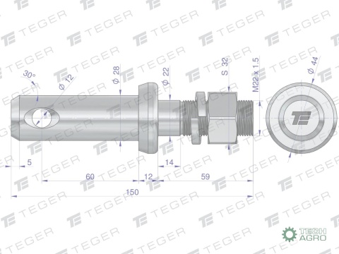 Sworzeń z gwintem T-SG28602245150 fi 28/60 mm M22x1.5/45 mm 150 mm TEGER