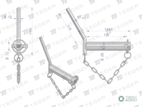 Sworzeń zaczepu z wygiętym uchwytem 28x130 TEGER