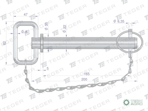 Sworzeń zaczepu z zawleczką i łańcuchem22x165x200 TEGER