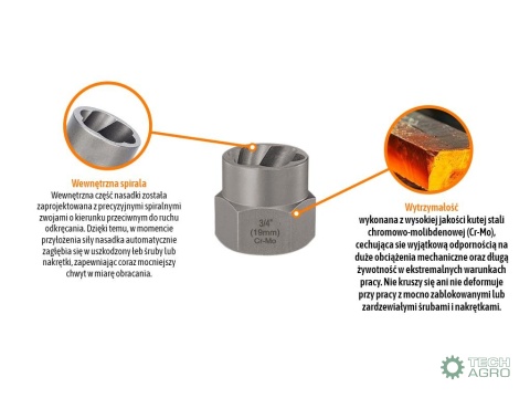 Nasadka do odkręcania uszkodzonych śrubi nakrętek, 3/4" (19mm) - kute/ stal Cr-Mo, Teger