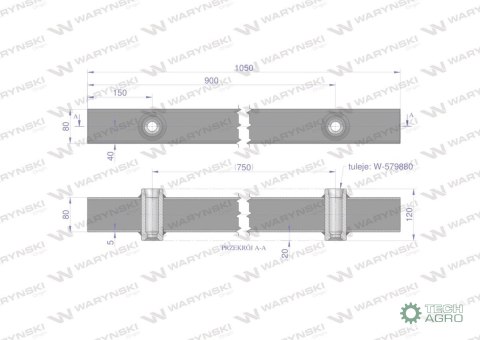 Belka do wideł ładowacza 1050mm na zęby "Z" 2 tulejki Waryński Belka do wideł ładowacza 1050mm na zęby "Z" 2 tulejki Waryński