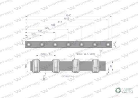 Belka do wideł ładowacza 1050mm na zęby proste i krokodyl 7 tulejek Waryński Belka do wideł ładowacza 1050mm na zęby proste i krokodyl 7 tulejek Waryński