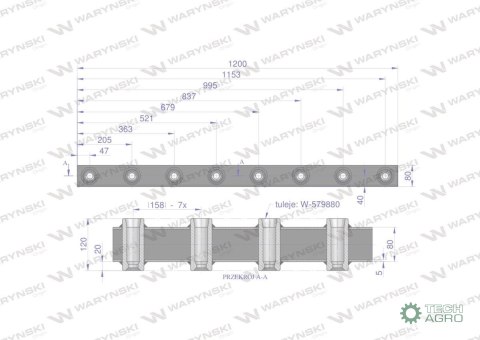 Belka do wideł ładowacza 1200mm na zęby "Z" 8 tulejek Waryński Belka do wideł ładowacza 1200mm na zęby "Z" 8 tulejek Waryński