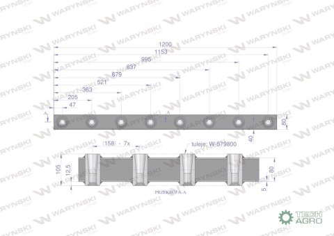 Belka do wideł ładowacza 1200mm na zęby proste i krokodyl 8 tulejek Waryński Belka do wideł ładowacza 1200mm na zęby proste i krokodyl 8 tulejek Waryński