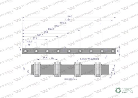 Belka do wideł ładowacza 1400mm na zęby "Z" 9 tulejek Waryński Belka do wideł ładowacza 1400mm na zęby "Z" 9 tulejek Waryński