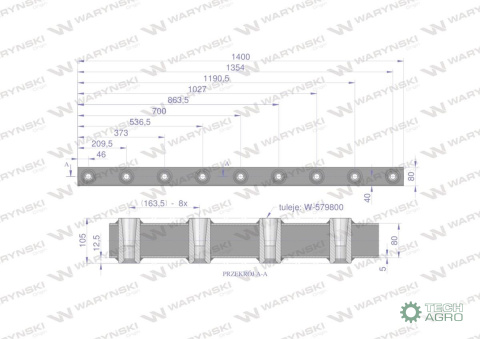 Belka do wideł ładowacza 1400mm na zęby proste i krokodyl 9 tulejek Waryński Belka do wideł ładowacza 1400mm na zęby proste i krokodyl 9 tulejek Waryński