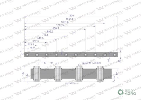 Belka do wideł ładowacza 1600mm na zęby "Z" 10 tulejek Waryński Belka do wideł ładowacza 1600mm na zęby "Z" 10 tulejek Waryński