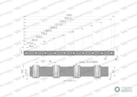 Belka do wideł ładowacza 1600mm na zęby proste i krokodyl 10 tulejek Waryński Belka do wideł ładowacza 1600mm na zęby proste i krokodyl 10 tulejek Waryński