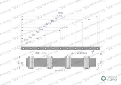 Belka do wideł ładowacza 1800mm na zęby "Z" 11 tulejek Waryński Belka do wideł ładowacza 1800mm na zęby "Z" 11 tulejek Waryński