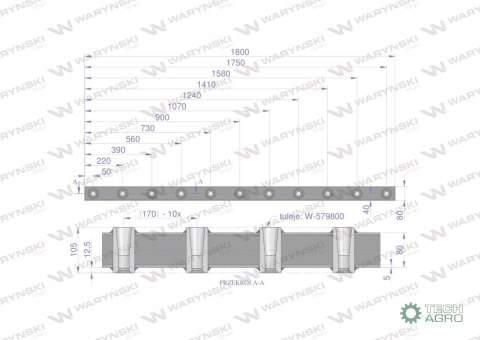 Belka do wideł ładowacza 1800mm na zęby proste i krokodyl 11 tulejek Waryński Belka do wideł ładowacza 1800mm na zęby proste i krokodyl 11 tulejek Waryński