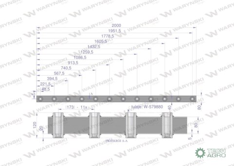 Belka do wideł ładowacza 2000mm na zęby "Z" 12 tulejek Waryński Belka do wideł ładowacza 2000mm na zęby "Z" 12 tulejek Waryński