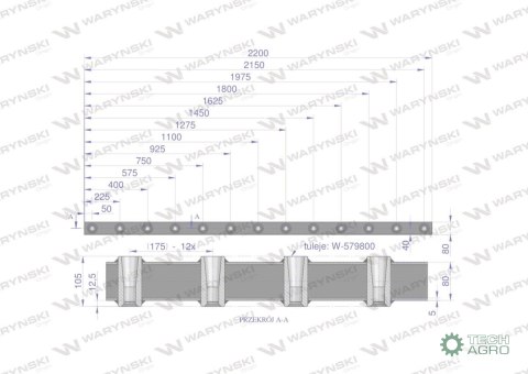Belka do wideł ładowacza 2200mm na zęby proste i krokodyl 13 tulejek Waryński Belka do wideł ładowacza 2200mm na zęby proste i krokodyl 13 tulejek Waryński