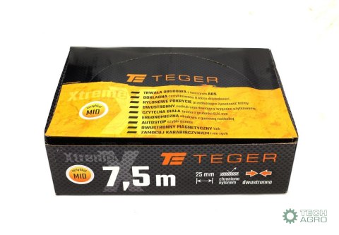 Miara stalowa dwustronna rozwijana 7.5m 25mm TEGER Miara stalowa dwustronna rozwijana 7.5m 25mm TEGER