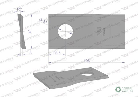 Nóż. nożyk kosiarka lewy 106x48x3mm otwór 21 zastosowanie 1042660 Claas WARYŃSKI ( sprzedawane po 25 ) Nóż. nożyk kosiarka lewy 106x48x3mm otwór 21 zastosowanie 1042660 Claas WARYŃSKI ( sprzedawane po 25 )