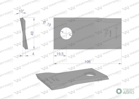 Nóż. nożyk kosiarka lewy 106x48x4mm otwór 19 zastosowanie 153967201 SIP WARYŃSKI ( sprzedawane po 25 ) Nóż. nożyk kosiarka lewy 106x48x4mm otwór 19 zastosowanie 153967201 SIP WARYŃSKI ( sprzedawane po 25 )
