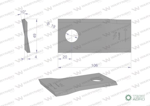 Nóż. nożyk kosiarka lewy 106x48x4mm otwór 19 zastosowanie 570445 Niemeyer WARYŃSKI ( sprzedawane po 25 ) Nóż. nożyk kosiarka lewy 106x48x4mm otwór 19 zastosowanie 570445 Niemeyer WARYŃSKI ( sprzedawane po 25 )