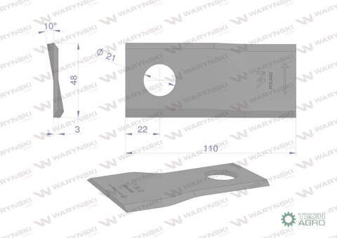 Nóż. nożyk kosiarka lewy 110x48x3mm otwór 21 zastosowanie 108L Galfre WARYŃSKI ( sprzedawane po 25 ) Nóż. nożyk kosiarka lewy 110x48x3mm otwór 21 zastosowanie 108L Galfre WARYŃSKI ( sprzedawane po 25 )