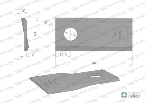 Nóż. nożyk kosiarka lewy 94X40X3mm otwór 16 zastosowanie RF 94 Famarol WARYŃSKI ( sprzedawane po 25 ) Nóż. nożyk kosiarka lewy 94X40X3mm otwór 16 zastosowanie RF 94 Famarol WARYŃSKI ( sprzedawane po 25 )