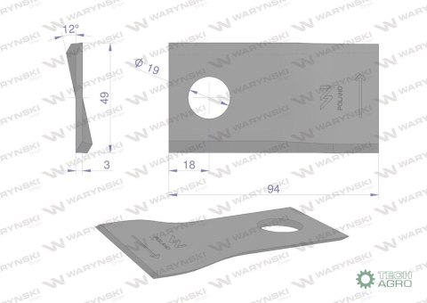 Nóż. nożyk kosiarka lewy 94x48x4mm otwór 19 zastosowanie TF-71 Kverneland Taarup WARYŃSKI ( sprzedawane po 25 ) Nóż. nożyk kosiarka lewy 94x48x4mm otwór 19 zastosowanie TF-71 Kverneland Taarup WARYŃSKI ( sprzedawane po 25 )