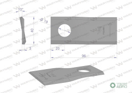 Nóż. nożyk kosiarka lewy 96x40x3mm otwór 19 zastosowanie 16502727 Deutz Fahr Kverneland WARYŃSKI ( sprzedawane po 25 )