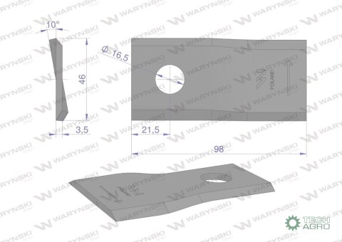 Nóż. nożyk kosiarka lewy 98X46X3.5mm otwór 16.5 zastosowanie 40490006 Morra WARYŃSKI ( sprzedawane po 25 ) Nóż. nożyk kosiarka lewy 98X46X3.5mm otwór 16.5 zastosowanie 40490006 Morra WARYŃSKI ( sprzedawane po 25 )