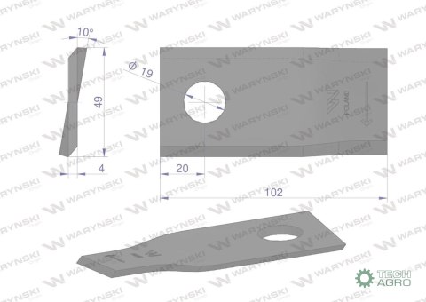 Nóż. nożyk kosiarka prawy 102x48x4mm otwór 19 zastosowanie 140692 Fella WARYŃSKI ( sprzedawane po 25 ) Nóż. nożyk kosiarka prawy 102x48x4mm otwór 19 zastosowanie 140692 Fella WARYŃSKI ( sprzedawane po 25 )