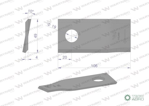 Nóż. nożyk kosiarka prawy 106x48x4mm otwór 19 zastosowanie 570444 Niemeyer WARYŃSKI ( sprzedawane po 25 ) Nóż. nożyk kosiarka prawy 106x48x4mm otwór 19 zastosowanie 570444 Niemeyer WARYŃSKI ( sprzedawane po 25 )