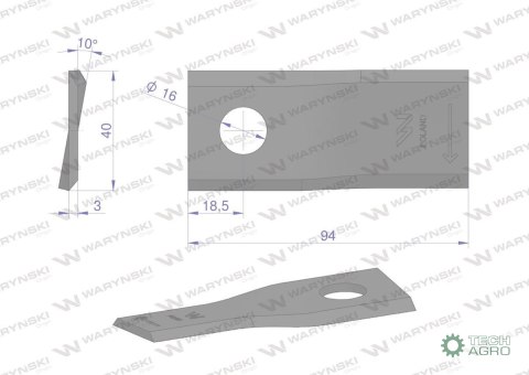 Nóż. nożyk kosiarka prawy 94X40X3mm otwór 16 zastosowanie RF 94 Famarol WARYŃSKI ( sprzedawane po 25 ) Nóż. nożyk kosiarka prawy 94X40X3mm otwór 16 zastosowanie RF 94 Famarol WARYŃSKI ( sprzedawane po 25 )