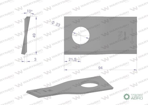 Nóż. nożyk kosiarka prawy 94x48x3mm otwór 23 zastosowanie T673R Mortl WARYŃSKI ( sprzedawane po 25 ) Nóż. nożyk kosiarka prawy 94x48x3mm otwór 23 zastosowanie T673R Mortl WARYŃSKI ( sprzedawane po 25 )