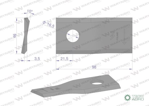 Nóż. nożyk kosiarka prawy 98X46X3.5mm otwór 16.5 zastosowanie 40490005 Morra WARYŃSKI ( sprzedawane po 25 ) Nóż. nożyk kosiarka prawy 98X46X3.5mm otwór 16.5 zastosowanie 40490005 Morra WARYŃSKI ( sprzedawane po 25 )