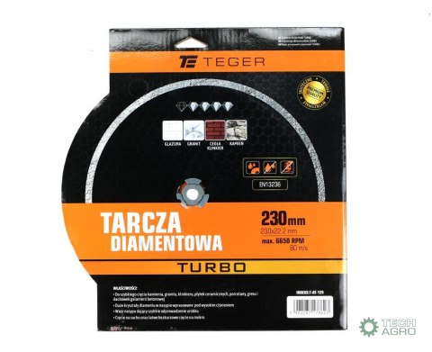 Tarcza diamentowa TURBO 230x22.23 mm TEGER Tarcza diamentowa TURBO 230x22.23 mm TEGER