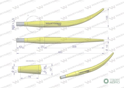 Ząb ładowacza wygięty zamykający L- 480 mm chwytak ( krokodyl) Tur WARYŃSKI Ząb ładowacza wygięty zamykający L- 480 mm chwytak ( krokodyl) Tur WARYŃSKI