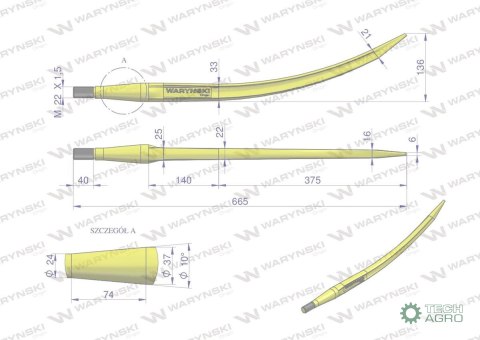 Ząb ładowacza wygięty zamykający L- 680 mm chwytak (krokodyl) zastosowanie 5193-FT89K Tur WARYŃSKI Ząb ładowacza wygięty zamykający L- 680 mm chwytak (krokodyl) zastosowanie 5193-FT89K Tur WARYŃSKI