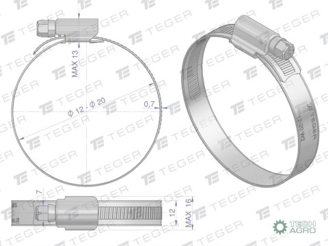 Opaska zaciskowa wzmocniona 12-20 ślimakowa (obejma W2 - stal nierdzewna) szerkość 12mm (blister) TEGER ( sprzedawane po 10 ) Opaska zaciskowa wzmocniona 12-20 ślimakowa (obejma W2 - stal nierdzewna) szerkość 12mm (blister) TEGER ( sprzedawane po 10 )
