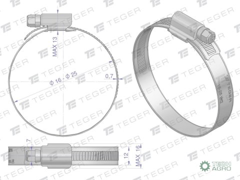 Opaska zaciskowa wzmocniona 16-25 ślimakowa (obejma W2 - stal nierdzewna) szerkość 12mm TEGER Opaska zaciskowa wzmocniona 16-25 ślimakowa (obejma W2 - stal nierdzewna) szerkość 12mm TEGER
