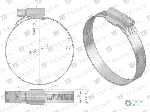 Opaska zaciskowa wzmocniona 50-70 ślimakowa (obejma W2 - stal nierdzewna) szerkość 12mm TEGER Opaska zaciskowa wzmocniona 50-70 ślimakowa (obejma W2 - stal nierdzewna) szerkość 12mm TEGER