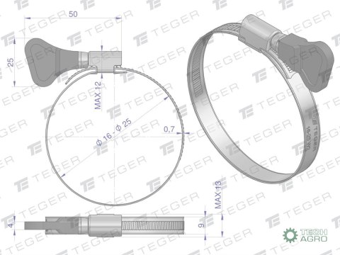Opaska zaciskowa z pokrętłem 16-25 ślimakowa (obejma W2 - stal nierdzewna) szerkość 9mm TEGER ( sprzedawane po 50 ) Opaska zaciskowa z pokrętłem 16-25 ślimakowa (obejma W2 - stal nierdzewna) szerkość 9mm TEGER ( sprzedawane po 50 )